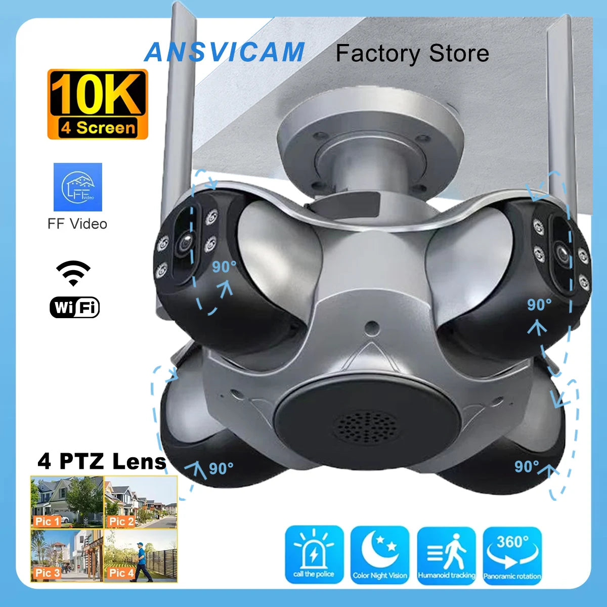 ANSVICAM 10K 20MP HD Four Screens WiFi IP Camera Wireless Outdoor PTZ Four Lens Human Auto Tracking Surveillance Cameras FFVideo